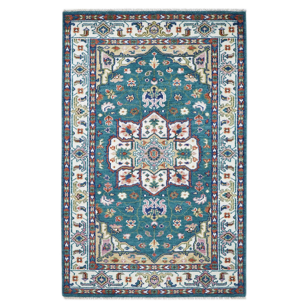 5x8 Turquoise, Ivory, Burnt Orange Go Color Hand Knotted Oushak Wool Traditional Oriental Rug