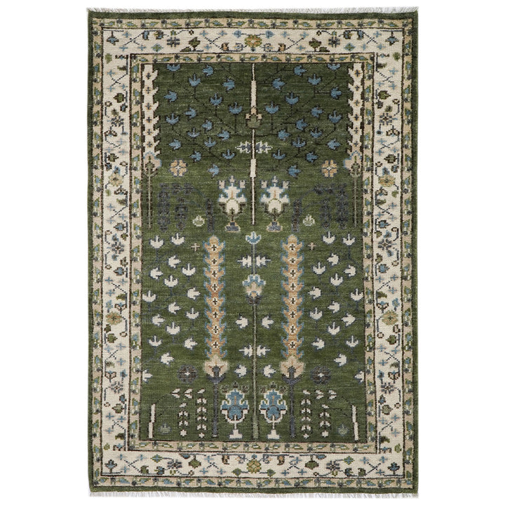 5x8 Green, Ivory, Blue Color Hand Knotted Oushak Wool Transitional Oriental Rug