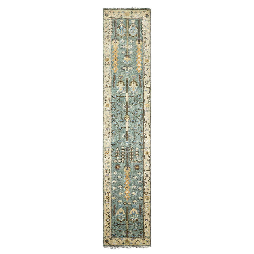 Runner Celadon, Ivory, Brown Color Hand Knotted Oushak Wool Traditional Oriental Rug