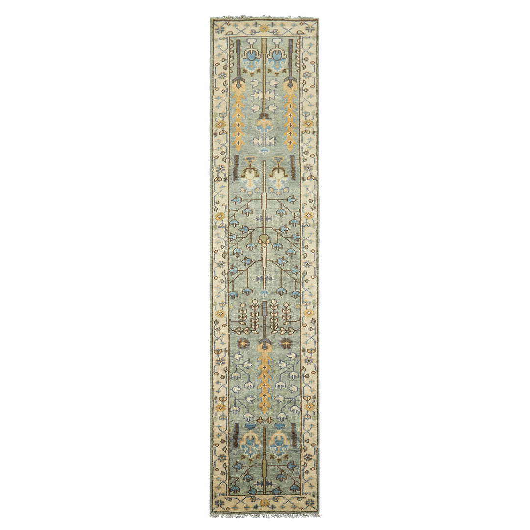 Runner Celadon, Ivory, Brown Color Hand Knotted Oushak Wool Traditional Oriental Rug