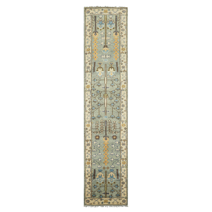 Runner Celadon, Ivory, Brown Color Hand Knotted Oushak Wool Traditional Oriental Rug
