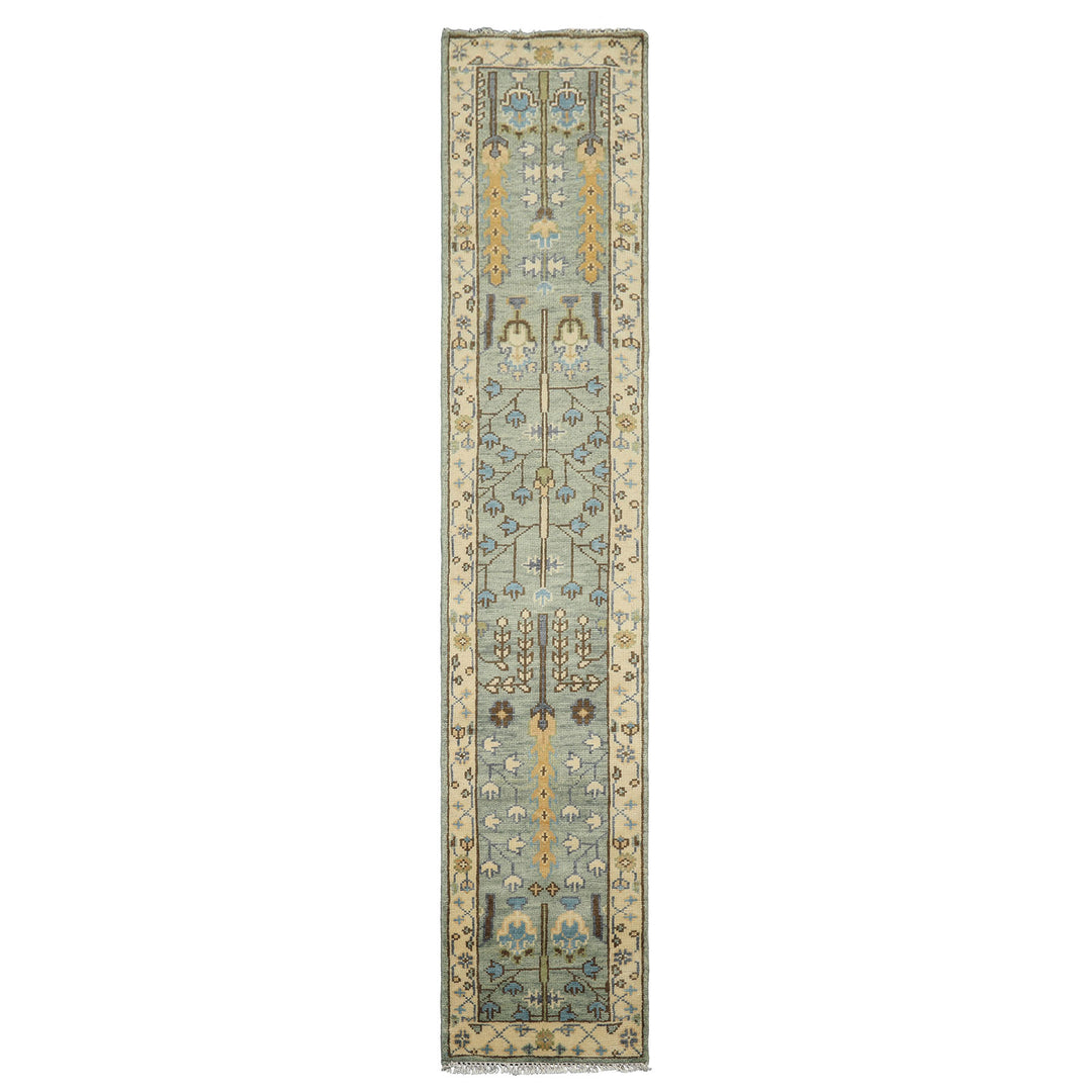 Runner Celadon, Ivory, Brown Color Hand Knotted Oushak Wool Traditional Oriental Rug