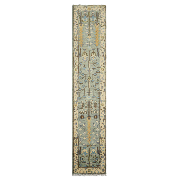 Runner Celadon, Ivory, Brown Color Hand Knotted Oushak Wool Traditional Oriental Rug