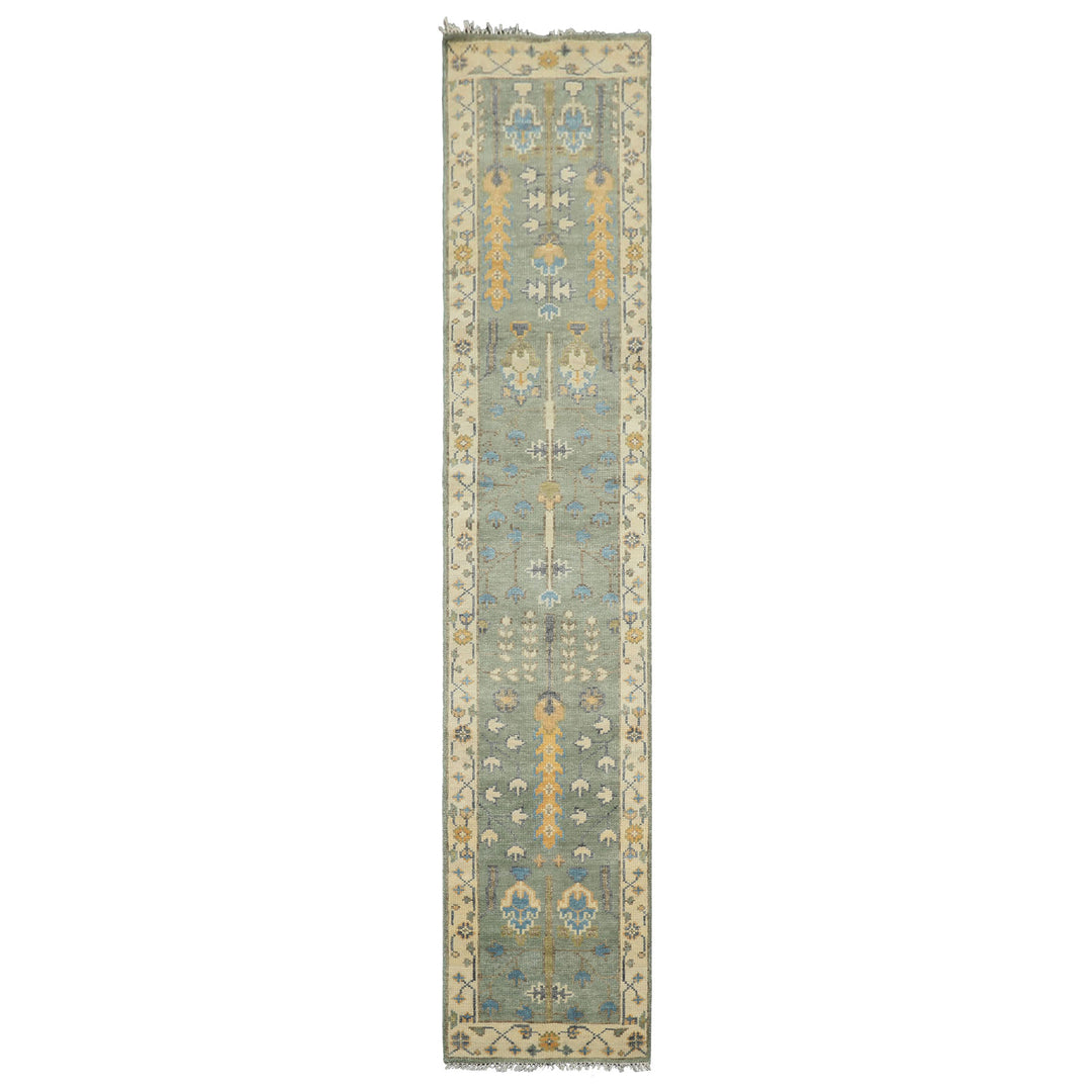 2'6x12 Celadon, Ivory, Caramel Color Hand Knotted Oushak Wool Traditional Oriental Rug