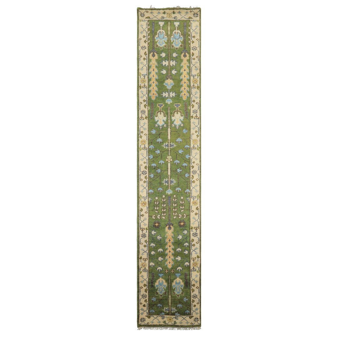 Runner Green, Ivory, Brown Color Hand Knotted Oushak Wool Traditional Oriental Rug