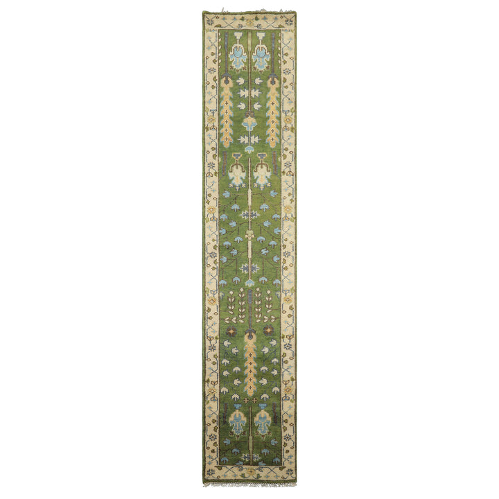 Runner Green, Ivory, Brown Color Hand Knotted Oushak Wool Traditional Oriental Rug