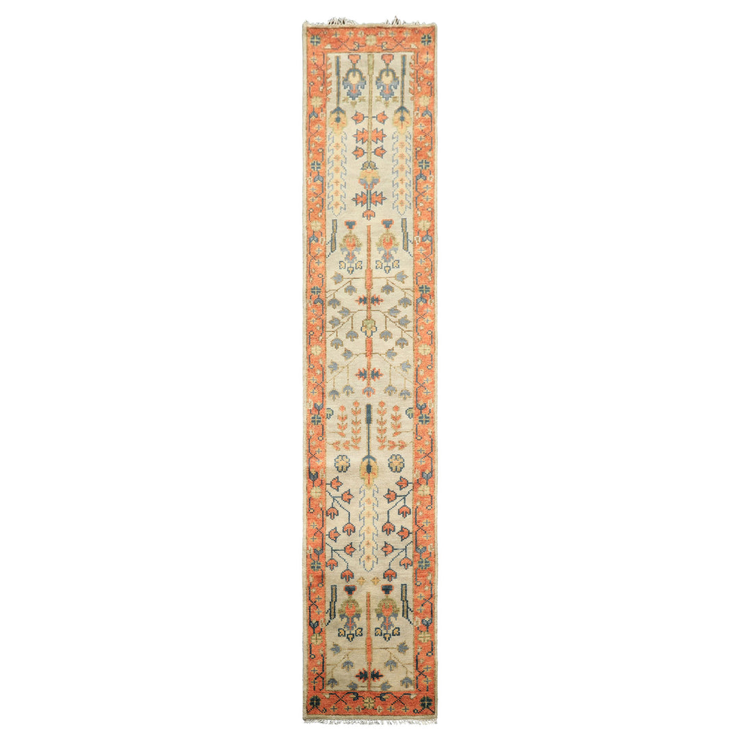 Runner Beige, Burnt Orange, Lime Color Hand Knotted Oushak Wool Traditional Oriental Rug
