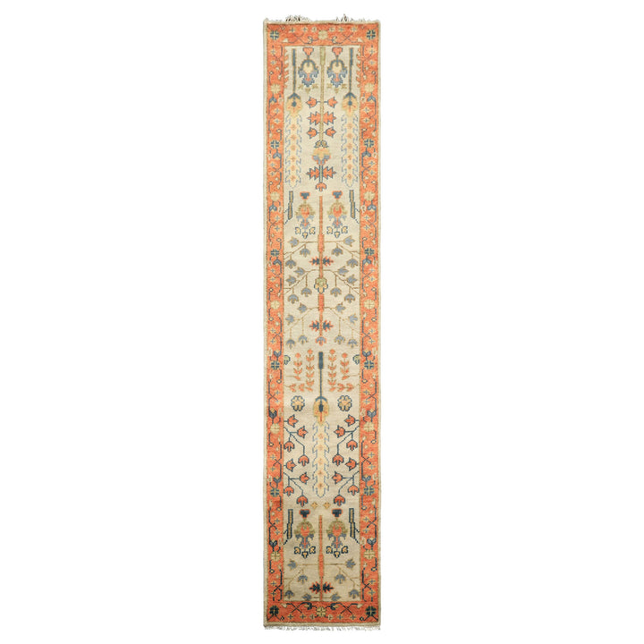 Runner Beige, Burnt Orange, Lime Color Hand Knotted Oushak Wool Traditional Oriental Rug
