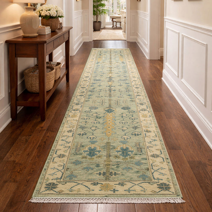 Runner Mint, Ivory, Gray Color Hand Knotted Oushak Wool Traditional Oriental Rug