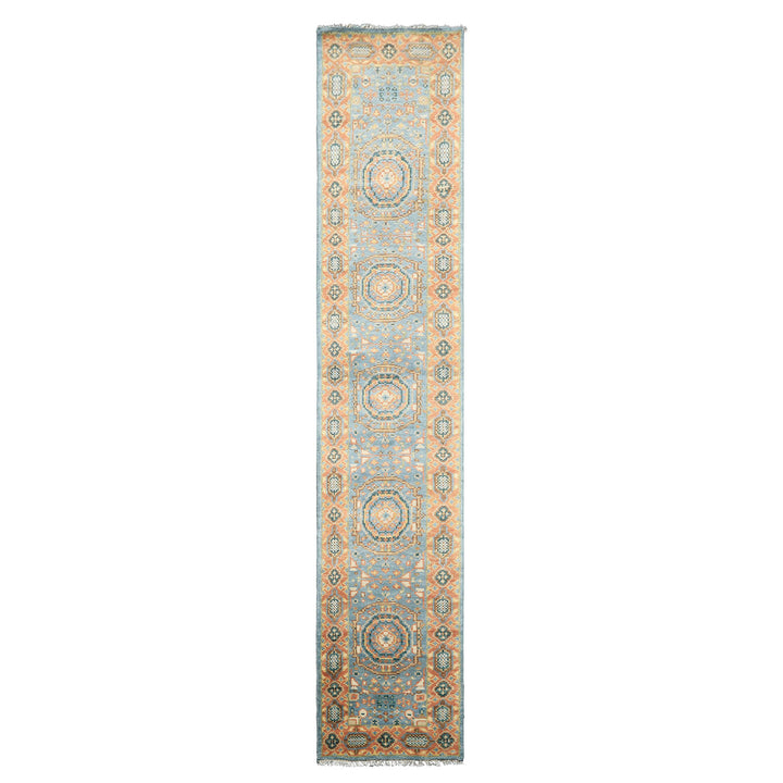 Runner Aqua, Burnt Orange, Lime Color Hand Knotted Oushak Wool Traditional Oriental Rug