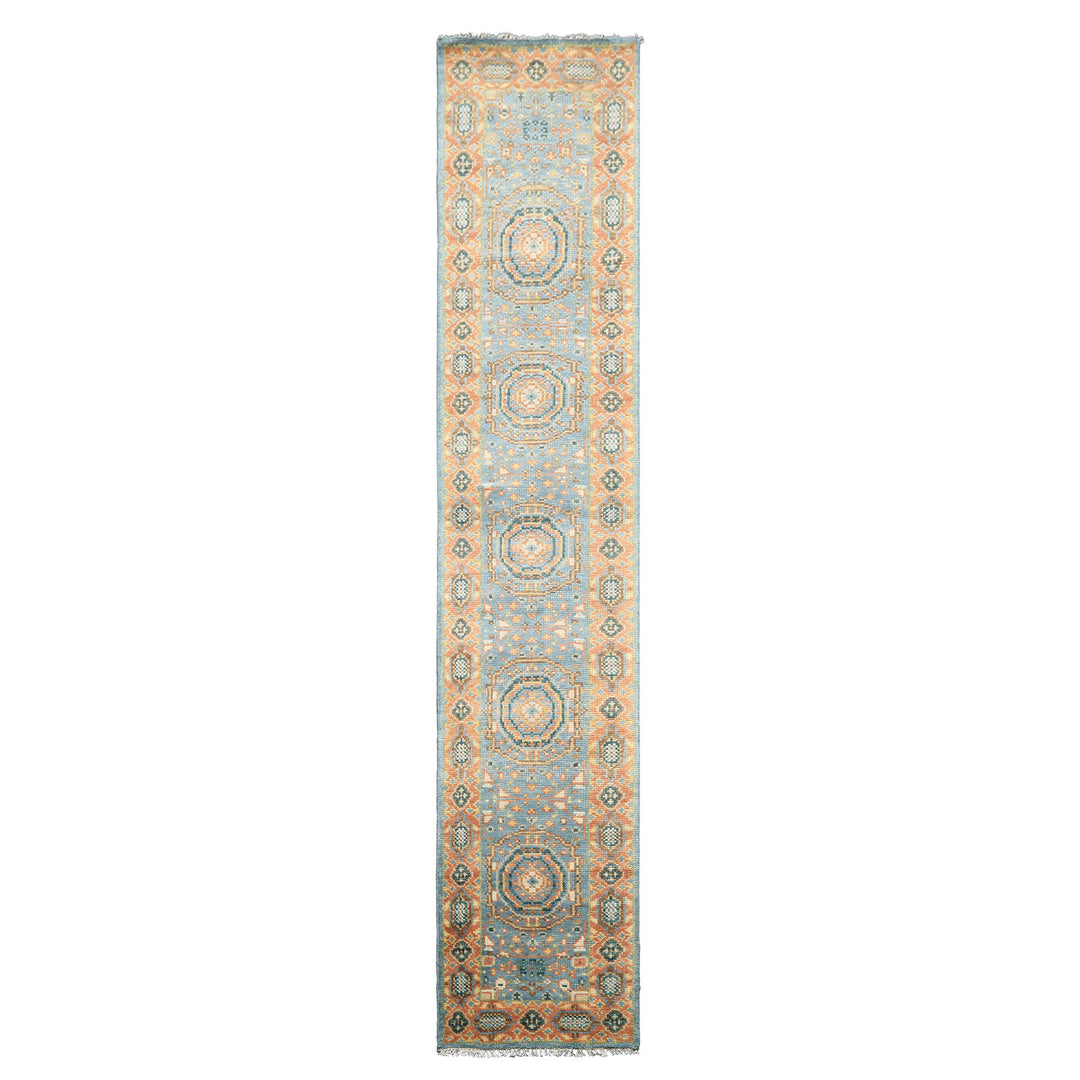2'6x12 Aqua, Burnt Orange, Lime Color Hand Knotted Oushak Wool Traditional Oriental Rug