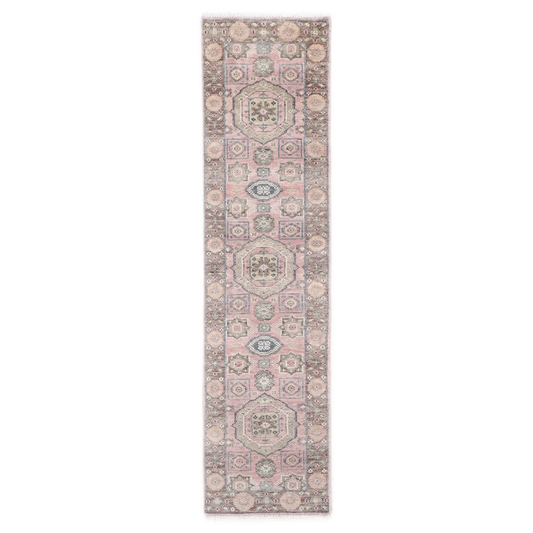 Runner Blush, Gray, Ivory Color Hand Knotted Oushak Wool Transitional Oriental Rug