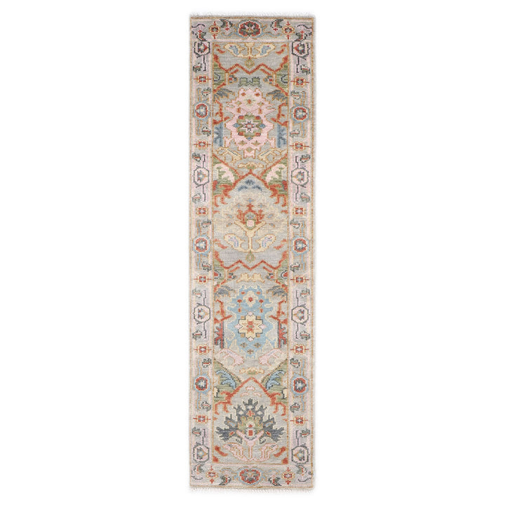 Runner Gray, Blush, Aqua Color Hand Knotted Oushak Wool Traditional Oriental Rug