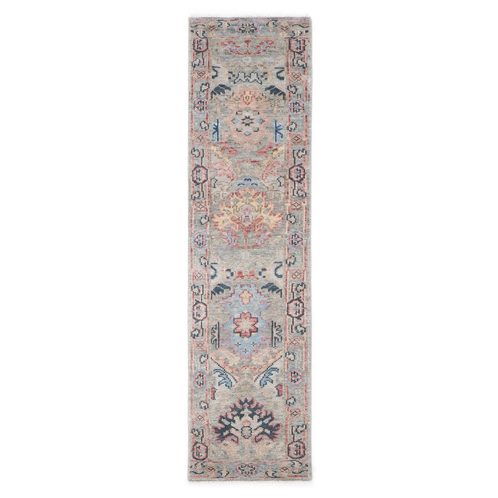 Runner Gray, Blush, Blue Color Hand Knotted Oushak Wool Arts & Crafts Oriental Rug