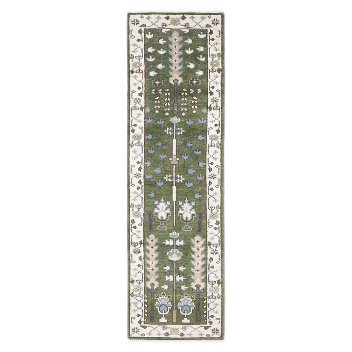 Runner Green, Ivory, Blue Color Hand Knotted Oushak Wool Transitional Oriental Rug