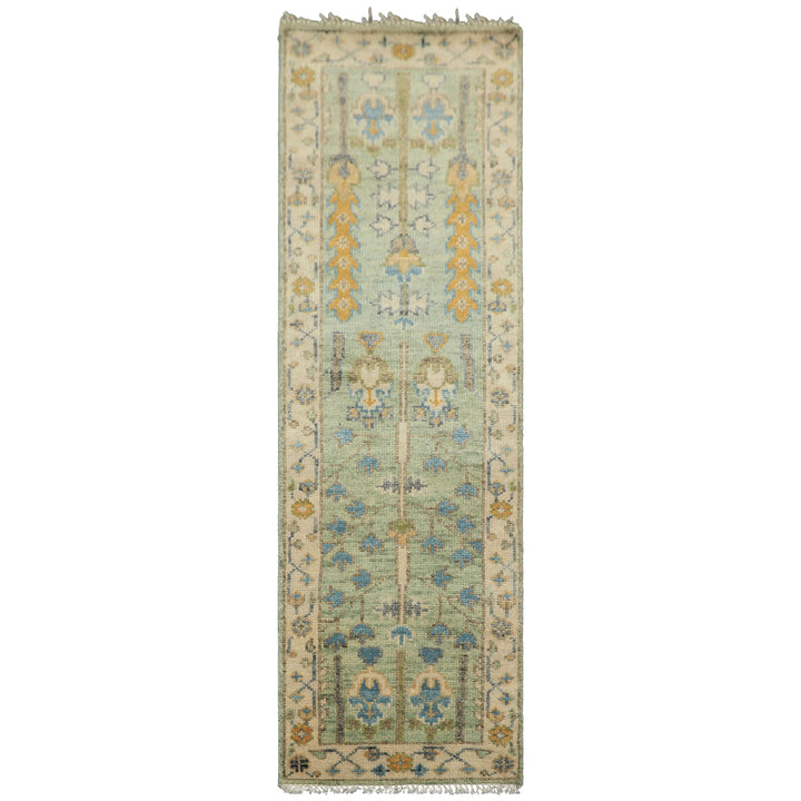 Runner Mint, Ivory, Gold Color Hand Knotted Oushak Wool Traditional Oriental Rug