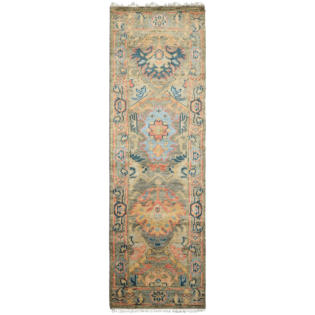Runner Moss, Gold, Blush Color Hand Knotted Oushak Wool Traditional Oriental Rug