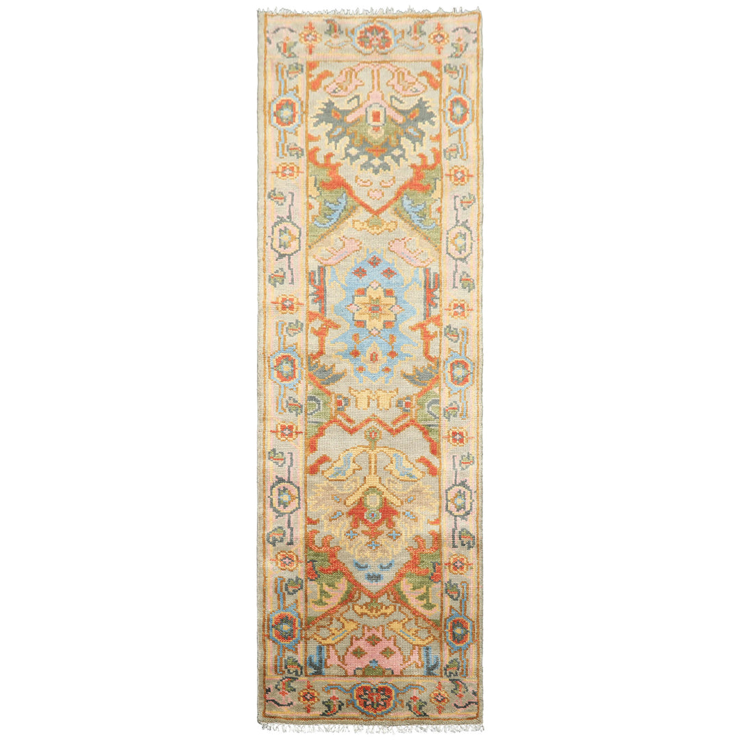 Runner Gray, Mint, Blush Color Hand Knotted Oushak Wool Traditional Oriental Rug