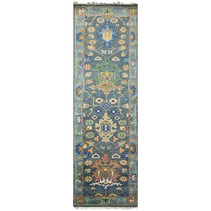 Runner Slate, Blue, Blush Color Hand Knotted Oushak Wool Traditional Oriental Rug