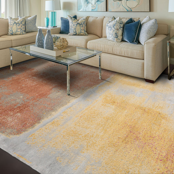 8x10 Gray, Gold, Peach Color Hand Knotted All-Over 100% Wool Modern & Contemporary Oriental Rug