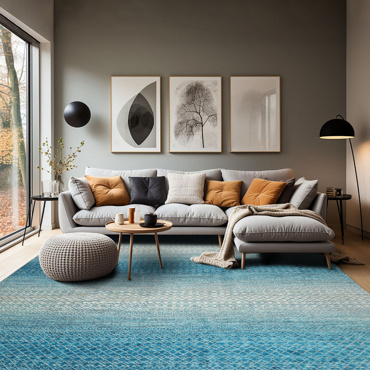 9x12 Aqua, Beige, Gray Color Hand Knotted All-Over 100% Wool Modern Oriental Rug