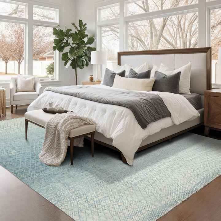 9x12 Aqua, Beige, Color Hand Knotted All-Over 100% Wool Modern Oriental Rug