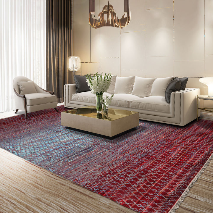 9x12 Blue, Burgundy, Red Color Hand Knotted All-Over 100% Wool Contemporary Oriental Rug