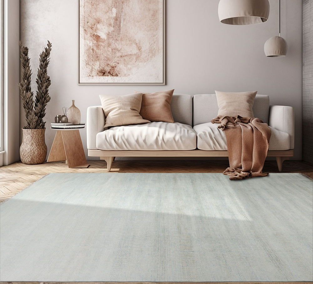 10x14 Sea Foam White Color Hand Knotted All-Over Wool & Silk Modern Oriental Rug
