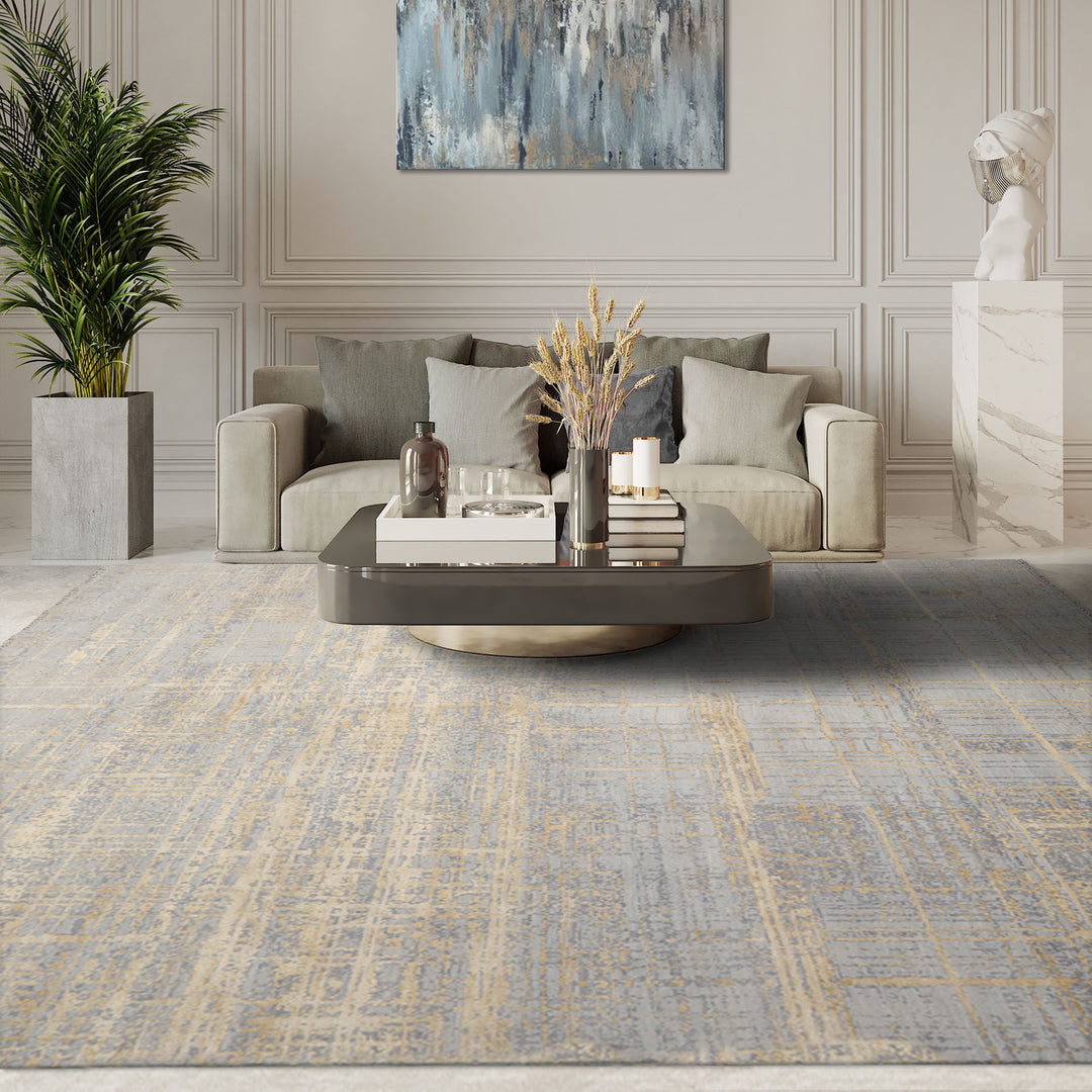 8x10 Slate, Gray, Vanilla Color Hand Knotted Sherpa Wool & Silk Modern Oriental Rug