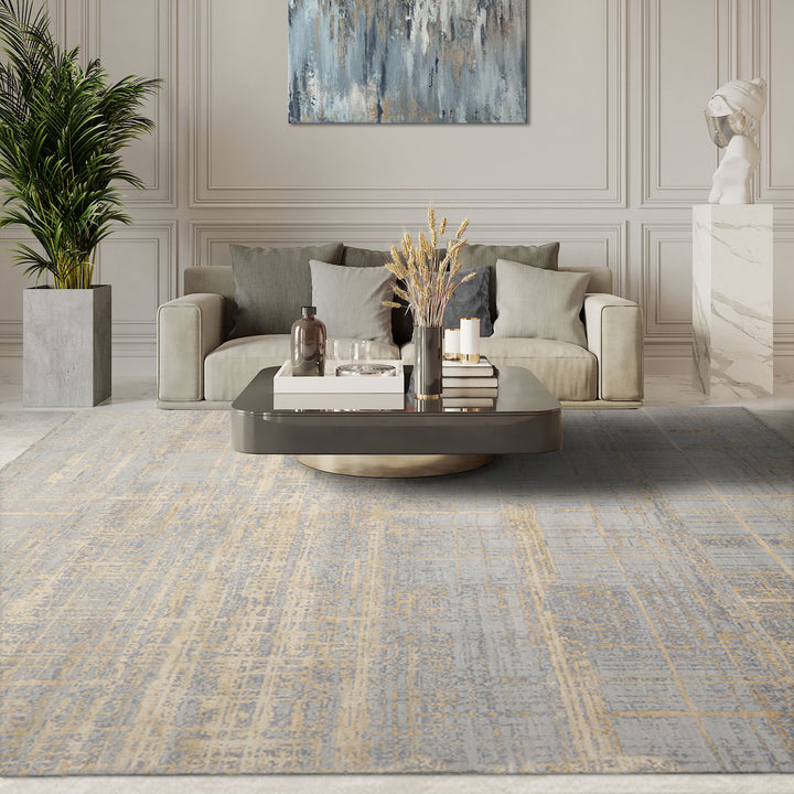 8x10 Slate, Gray, Vanilla Color Hand Knotted Sherpa Wool & Silk Modern Oriental Rug