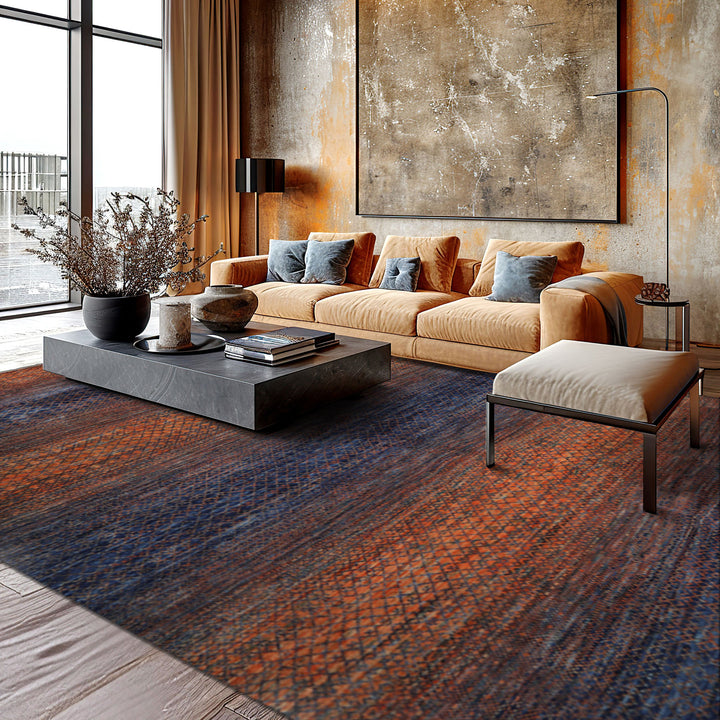 9x12 Orange, Navy, Color Hand Knotted Grass 100% Wool Modern Oriental Rug