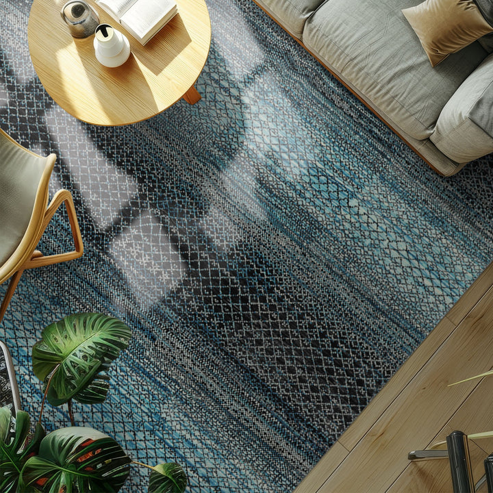 8x10 Blue, Charcoal, Aqua Color Hand Knotted Grass 100% Wool Modern Oriental Rug