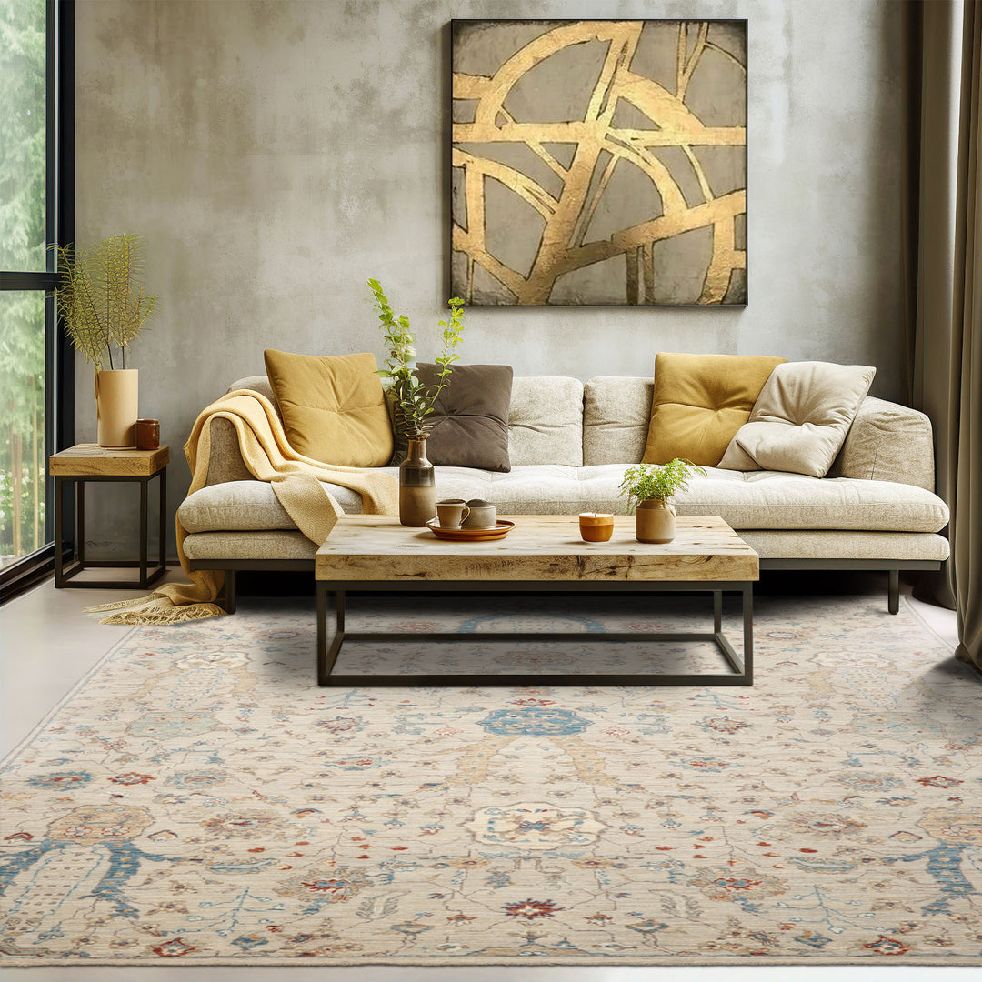 8x10 Beige, Blue, Gold Color Hand Knotted Khyber Wool Traditional Oriental Rug