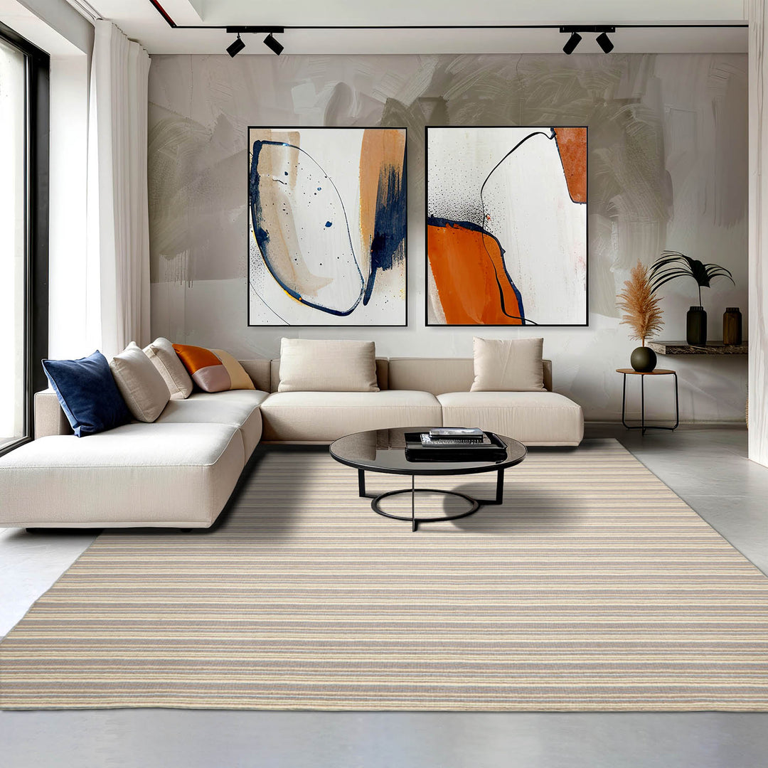 Multi Size Ivory Taupe Blue Color Hand Woven Striped New Zealand Wool Contemporary Oriental Rug