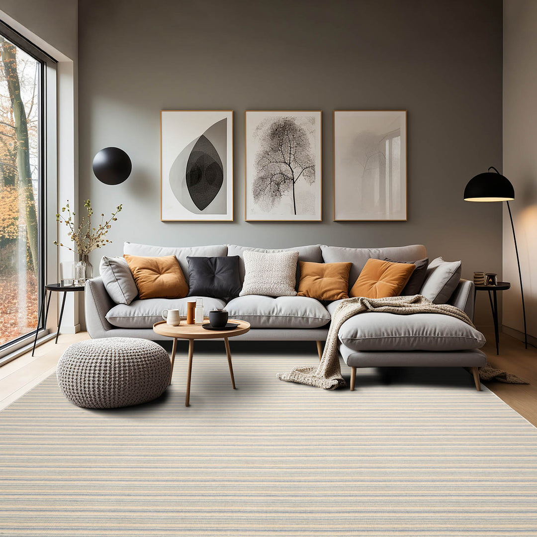 Multi Size Ivory Beige Blue Color Hand Tufted Striped New Zealand Wool Contemporary Oriental Rug
