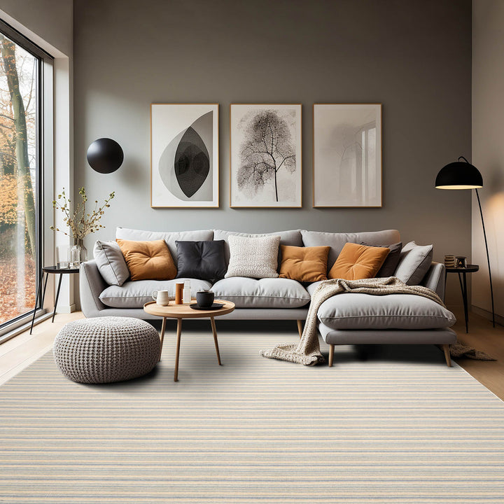 Multi Size Ivory Beige Blue Color Hand Tufted Striped New Zealand Wool Contemporary Oriental Rug
