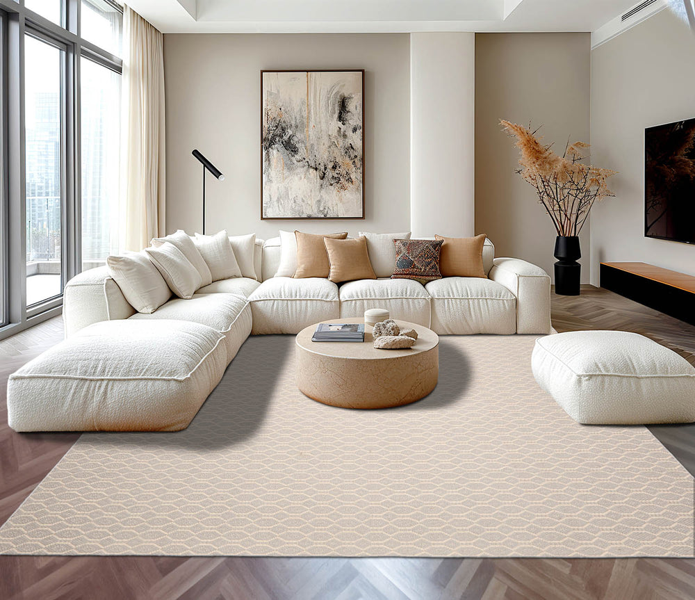 Multi Size Gray Ivory Color Hand Woven Geometric New Zealand Wool Contemporary Oriental Rug