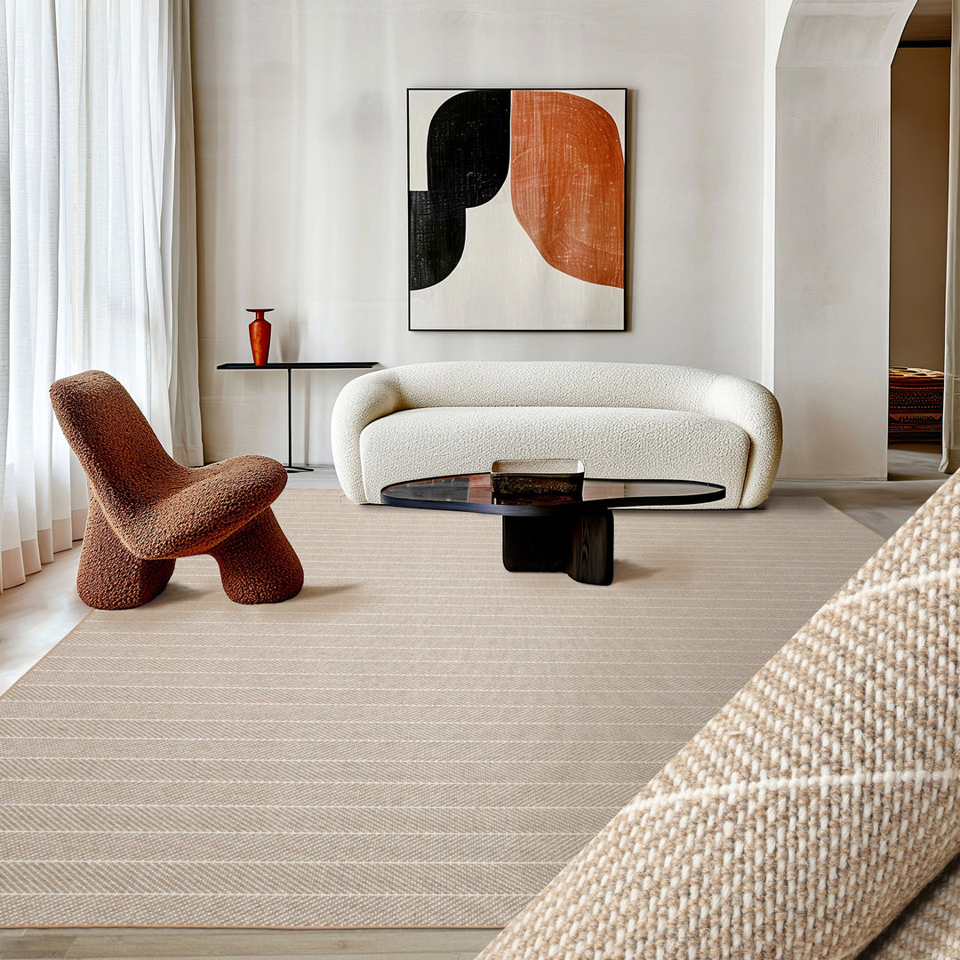 Multi Size Tan Ivory Color Hand Woven Herringbone New Zealand Wool Contemporary Oriental Rug