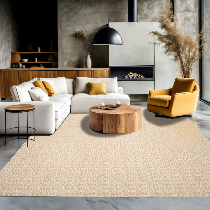 Multi Size Ivory Tan Color Hand Tufted Geometric New Zealand Wool Modern Oriental Rug