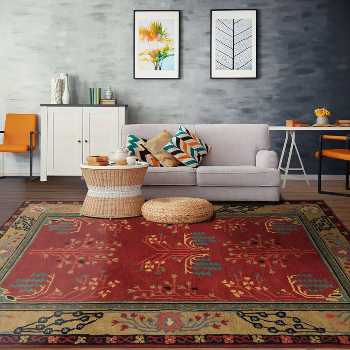 5x8 Raspberry, Pistachio, Coral Color Hand Tufted Donegal Wool Traditional Oriental Rug
