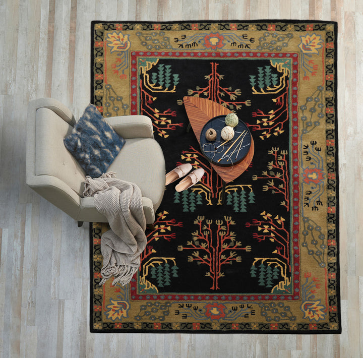 5x8 Black, Pistachio, Coral Color Hand Tufted Donegal Wool Traditional Oriental Rug