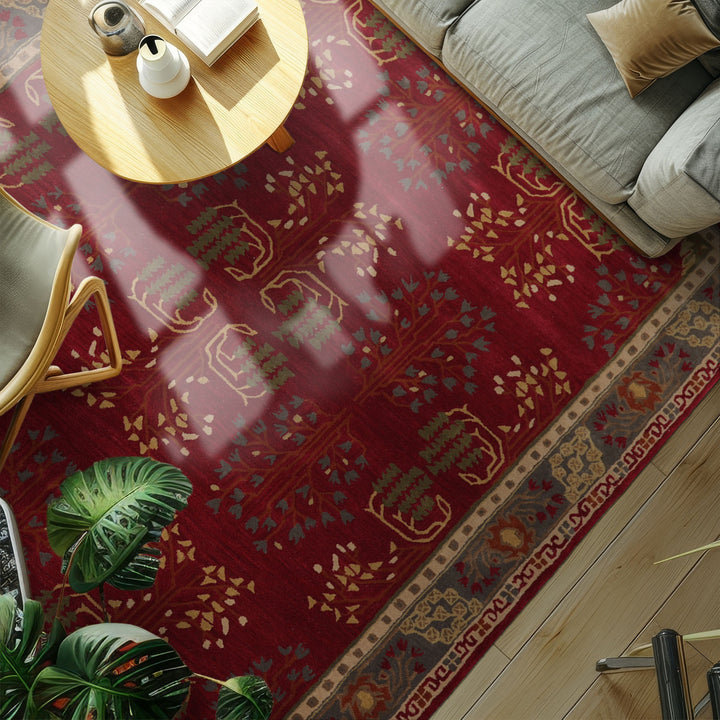 8x10 Burgundy, Moss, Green Color Hand Tufted Donegal Wool Traditional Oriental Rug