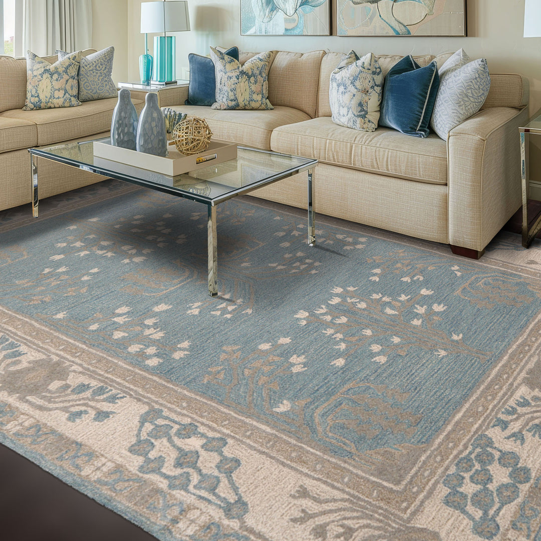 5x8 Aqua, Ivory, Gray Color Hand Tufted Donegal Wool Traditional Oriental Rug