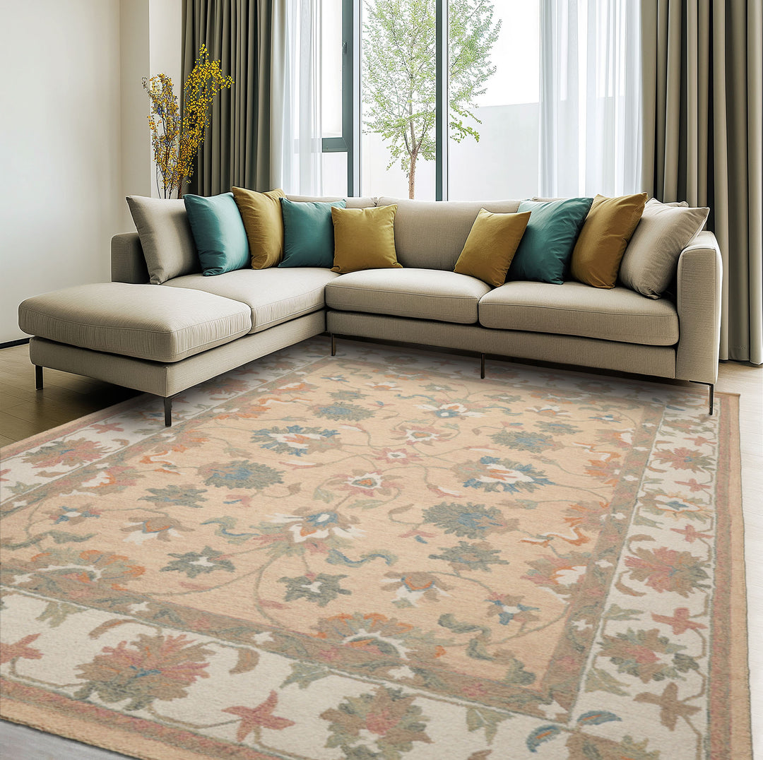8x10 Pale Peach Ivory Rose Color Hand Hooked Handmade Wool Transitional Oriental Rug