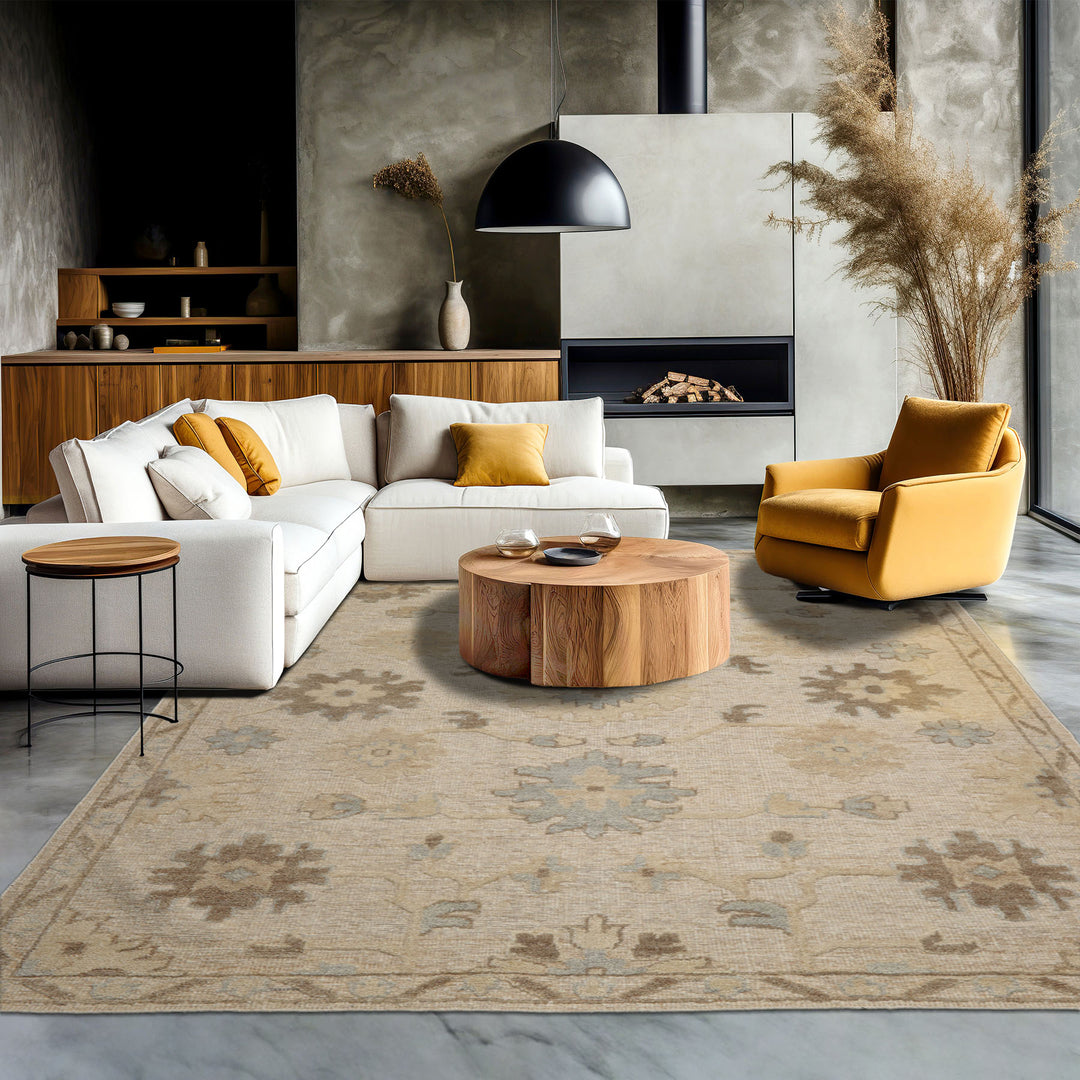 8x10 Ivory, Brown, Gray Color Hand Knotted Embossed Look Wool Transitional Oriental Rug