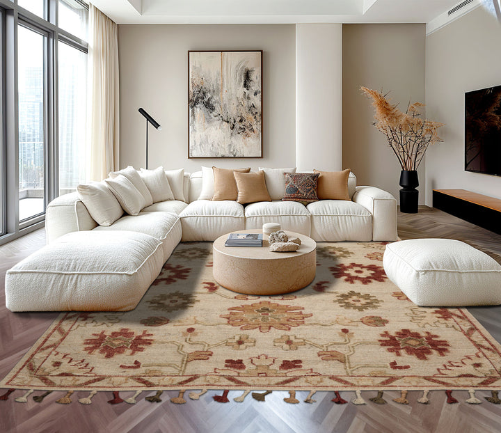 8x10 Beige, Rust, Olive Green Color Hand Knotted Ornamental Frange Wool Transitional Oriental Rug