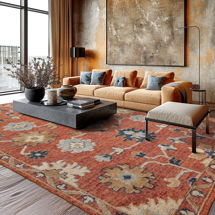 8x10 Rust, Ivory, Blue Color Hand Knotted Embossed Look Wool Transitional Oriental Rug