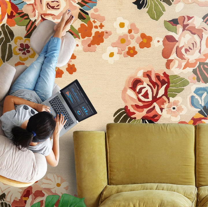 8x10 Ivory, Blush, Green Color Hand Tufted Irregular Rug Wool Modern & Contemporary Oriental Rug