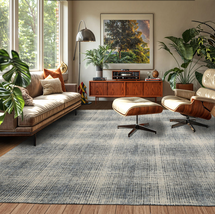 8x10 Ivory Aqua Black Color Hand Hooked Plaid Wool Modern & Contemporary Oriental Rug