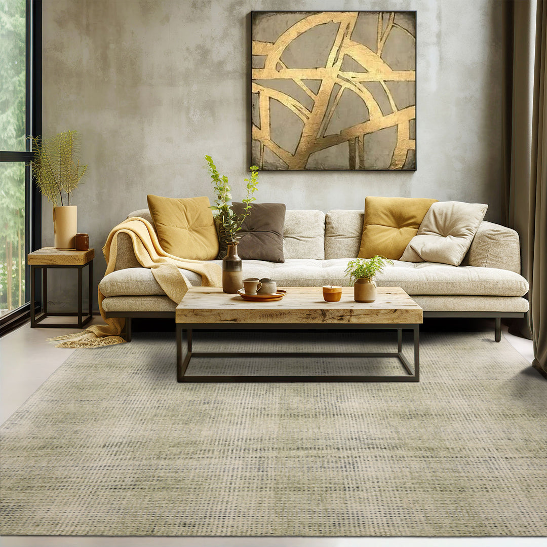 8x10 Ivory Sage Black Color Hand Hooked Plaid Wool Modern & Contemporary Oriental Rug